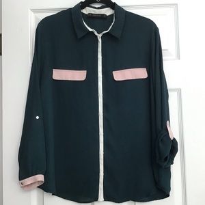 ZARA BASIC Green Pink Blouse Size XL